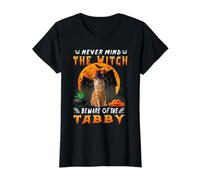 Never Mind The Witch Beware of Tabby Cat Halloween Camiseta gráfica económica, Mujer, Negro, S