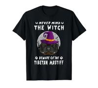 Never Mind The Witch Beware of Tibetan Mastiff Dog Halloween Camiseta gráfica económica, Hombre, Negro, S