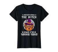 Never Mind The Witch Beware of Yorkshire Terrier Halloween Camiseta gráfica económica, Mujer, Negro, XL