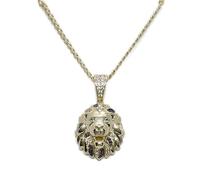 Never Say Never Colgante León tamaño discreto Oro Amarillo 18k con Circonitas y Cadena Barbada 60 cm, Alta Joyería Masculina.