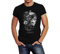 Neverless® Camiseta para hombre Santa Muerte La Catrina Mexican Skull Dia de los Muertos Tattoo Design Slim Fitt La Catrina - Calavera, color negro L