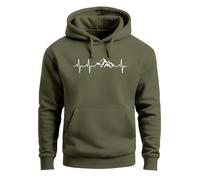 Neverless® Sudadera con capucha para hombre, estampado de senderismo, montañas, latidos de corazón, para exteriores, diseño de hombres, Montaña latido del corazón oliva, XL