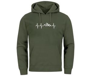 Neverless® Sudadera con capucha para hombre, estampado de senderismo, montañas, latidos de corazón, para exteriores, diseño de hombres, Montaña latido del corazón oliva, L