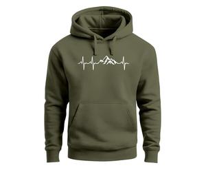 Neverless® Sudadera con capucha para hombre, estampado de senderismo, montañas, latidos de corazón, para exteriores, diseño de hombres, Montaña latido del corazón oliva, XL