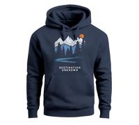 Neverless® Sudadera con capucha para hombre, montañas, senderismo, aventura, exterior, minimalista, estampado frontal, retro, moda, azul marino, L