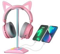 New Bee Soporte Auriculares, Soporte Cascos Gaming RGB para Juegos con Cargador USB Tipo C y Transferencia de Datos, Universal, para Todos los Auriculares de Escritorio(Rosa)