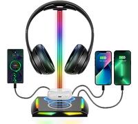 New Bee Soporte para Auriculares RGB con Carga inalámbrica y 2 Puertos de Carga USB-C y 1 USB