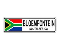 New Bloemfontein - Señal de calle de Sudáfrica con bandera de Sudáfrica, letrero de calle de ciudad, campo, carretera, 4 x 16 pulgadas