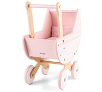 New Classic Toys 10761 - Cochecito de muñeca de Madera, Incluye Ropa de Cama, Color Rosa