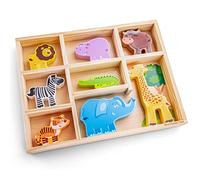 New Classic Toys Woet® Set de Animales Safari de Juguete de Madera para Niños - 8 Piezas en Caja de Madera - Figuras para Juego de Mundo Pequeño - Juguete de Imitación - A Partir de 2 Años
