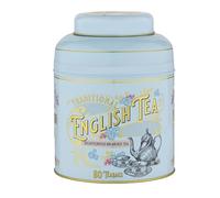 New English Teas Caddy de té victoriano vintage en polvo azul con 80 bolsitas de té descafeinadas para desayuno