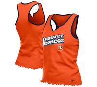 New Era Camiseta sin mangas naranja de los Denver Broncos con dobladillo de lechuga y cuello de muesca para mujer