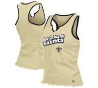 New Era Gold New Orleans Saints - Camiseta sin mangas con cuello de muesca y dobladillo de lechuga para mujer