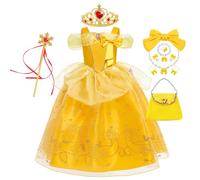 New front Bella y Bestia Niña Vestido de la princesa Bella Disfraz Mangas cortas con Accesorios para Fiesta Navidad Carnaval Cumpleaños Cosplay Halloween,Amarillo,110