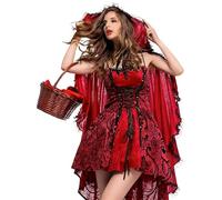 New front Caperucita Roja Mujer Disfraz Adulto Vestido y Capa Sexy Mujer Mangas cortas Carnaval Halloween Cosplay Trajes de Fiesta Cumpleaños Vintage Accesorios,Rojo,2XL