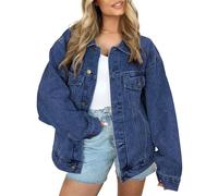 New front Chaqueta Vaquera Clásica para Mujer Cómoda para Primavera y Otoño Jean Oversize con Bolsillos Moda de Manga larga Cazadora Jeans Abrigos Denim Casual,Azul oscuro,L