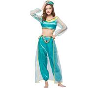 New front Disfraz Princesa Jasmine Classic Aladdin Adult Mujer Vestido Tops Pantalones con Accesorios Fiestas Cumpleaños Halloween Cosplay Carnaval Naidad,Verde,L