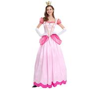 New front Disfraz Princesa Peach Mujer Adulto Vestido Super Mario Mangas cortas Cuello Cuadrad Costume y Accesorios Fiesta Halloween Navidad Cosplay Carnaval Cumpleaños,Rosa,L