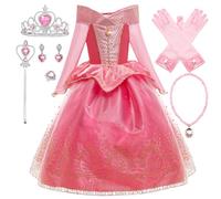 New front Niña Disfraz La Bella Durmiente Vestido Princesa Aurora Niños Navidad Cumpleaños Diadema Varita Mágica Collar Fancy Dress Cosplay Traje Manga Larga Carnaval Halloween,Rosa,150
