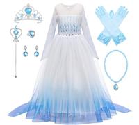 New front Niña Disfraz Princesa Elsaeai con Capa Vestido de Reina 2 Costume Manga Larga Traje Parte de Fiesta Cumpleaños Navidad Halloween Cosplay Fancy Dress con Accesorios,Blanco,150