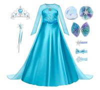 New front Niñas Vestido de Princesa Elsa Elegante Disfraz de Reina Frozen Festivo y Accesorios Corona,Vara,Trenza,Guantes Chica Cosplay Traje de Fiesta Carnaval Navidad Boda,Azul B,140
