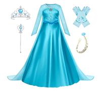 New front Niñas Vestido de Princesa Elsa Elegante Disfraz de Reina Frozen Festivo y Accesorios Corona,Vara,Trenza,Guantes Chica Cosplay Traje de Fiesta Carnaval Navidad Boda,Azul,100