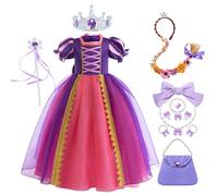 New front Princesa Vestido Sofía Rapunzel Malla Bubble Sleeves Niñas Disfraz con Accesorios para Fiesta Cosplay Cumpleaños Ceremonia Halloween Navidad Carnaval,Morado,130