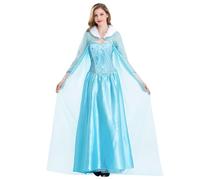 New front Vestido de Princesa Adulta Elsa Frozen Fiesta Manga Larga con Capa Cuello de piel Halloween Navidad Carnaval Cumpleaños Elegante Pieza Brillante Lentejuelas,Azul,L