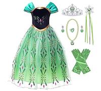 New front Vestido Niña Princesa Elsa Disfraz Reina de las Nieves Chica Princesa Anna Verde Diadema Varita Mágica Costume Navidad Carnaval Halloween Cumpleaños 3-8 Años Cosplay,Verde,120