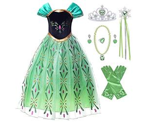 New front Vestido Niña Princesa Elsa Disfraz Reina de las Nieves Chica Princesa Anna Verde Diadema Varita Mágica Costume Navidad Carnaval Halloween Cumpleaños 3-8 Años Cosplay,Verde,100