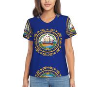 New Hampshire State Flag - Camiseta de manga corta para mujer, estilo casual, cuello en V, camiseta básica de verano, Negro, M