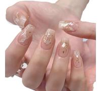 New Handmade Wearable Nail Pieces with Gold Foil Shell Cute Short to Medium Length Wearable False Nails 10pcs (Color : L)