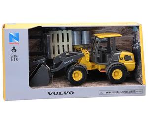 New Ray - Cargador Volvo L25 con Accesorios en Miniatura Escala 1/18 - Un Motor de Trabajo - Realista y Resistente, un Juguete para niños de 3 años y más