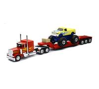 New-Ray - Nueva colección de camiones y remolques NEWRAY 1:32 - Red Peterbilt Modelo 379 LOWBOY con Monster Truck Diecast Model Toys