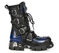 New Rock 107-C5 Botas Unisex en Cuero Azul y Negro con Calavera Gótica Estilo Motociclista Punk 45