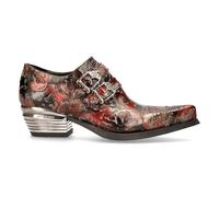 New Rock 7960-S5 Zapatos Relieve Vintage Negro, Cuero Rojo Hebilla Acero Tacón