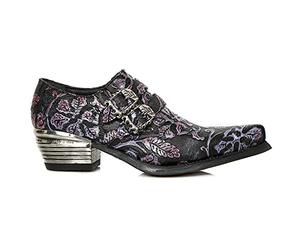 NEW ROCK 7960-S8 Zapatos con Flor Estampada Vintage Zapatos de Tacón de Acero con Hebilla de Cuero Negro y Púrpura 45
