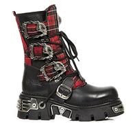New Rock Boots 391T-S1 Botas Góticas con Plataforma de Cuero Negro Metalizado Tartán Unisex 6.5
