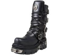 New Rock Bota unisex M.373-S4 de la Metallic Collection - estilo punk, gótico y biker - piel vacuno negra, suela reactor, plataforma 5 cm y tacón 7 cm, cierre por cordones, fabricación España 43