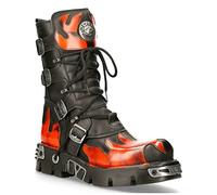 New Rock Botas 591-S1 de Cuero Negro con Llama Roja Metalizada a la Moda Estilo Motociclista Punk Gótico 12