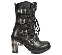 New Rock Botas TR003-S1 Mujer Negro Metálico Cuero Motero Tacón Goth Punk Shoes