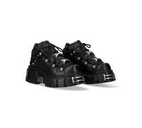 New Rock Botín Metallic M.106N-S16 para hombre y mujer de piel vacuno color negro, estilo gótico punk rock, plataforma 4 cm, tacón 6 cm, suela PU Ultra, cordones, colección Metallic TALLA 43