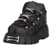 New Rock Botín Unisex M-106-S1 Metallic de Piel Vacuno Negra con Plataforma 4 cm y Tacón 7 cm - Estilo Gótico Rock Punk con Cordones y Detalles Metálicos