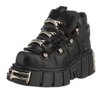 New Rock Botín Unisex M-106-S1 Metallic de Piel Vacuno Negra con Plataforma 4 cm y Tacón 7 cm - Estilo Gótico Rock Punk con Cordones y Detalles Metálicos