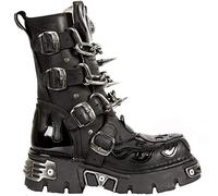 New Rock M.727-S1 Botas Unisex de Cuero Negro con Calavera y Llamas 39