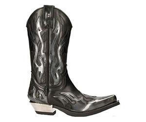 New Rock M-7921-S3 BOTAS CON LLAMAS PLATEADAS de Cuero Negro Estilo Motorista Cowboy 46