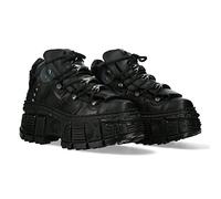 New Rock M-WALL106-S12 Bota de cuero negro con plataforma alta estilo rock urbano suela PU cosida acolchado interior en piel unisex 10 cm tacón 8 cm plataforma cordones talla 37