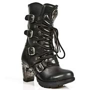 New Rock TR003-S1 Botines para Mujer en Cuero Negro Metalizado con Tacón Estilo Motociclista Gótico Punk 37