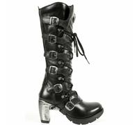 New Rock TR004-S1 Botas Mujer Negro Cuero Hebilla Encaje hasta la Rodilla Motero