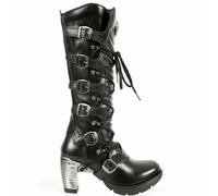 New Rock TR004-S1 Botas Mujer Negro Cuero Hebilla Encaje hasta la Rodilla Motero